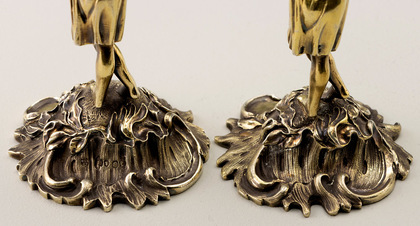 Fox Family Sterling Silver Gilt Figural Cast Candlesticks (Pair) - Charles Thomas Fox, George Fox